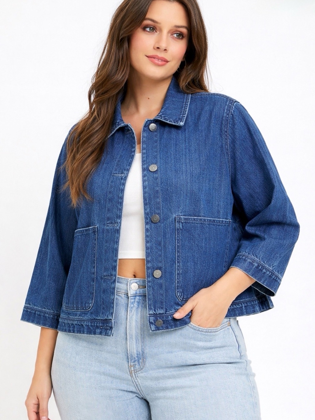 Risen Jovie Plus Size Denim Cropped Jacket With Pocket Detail In Dark Wash